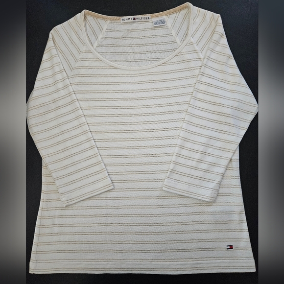 NWT - Tommy Hilfiger White Cotton w Gold Stripes Jersey - Size XL - Picture 1 of 11